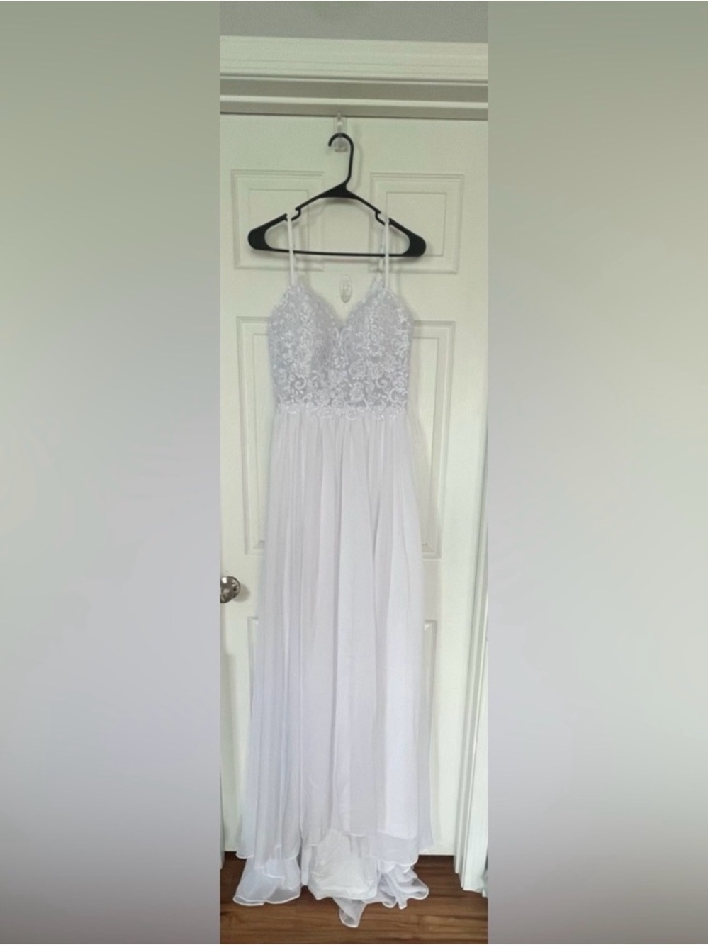 Lace Bodice Spaghetti Strap White Maxi wedding styled Dress with Side Slit - Picture 3 of 3